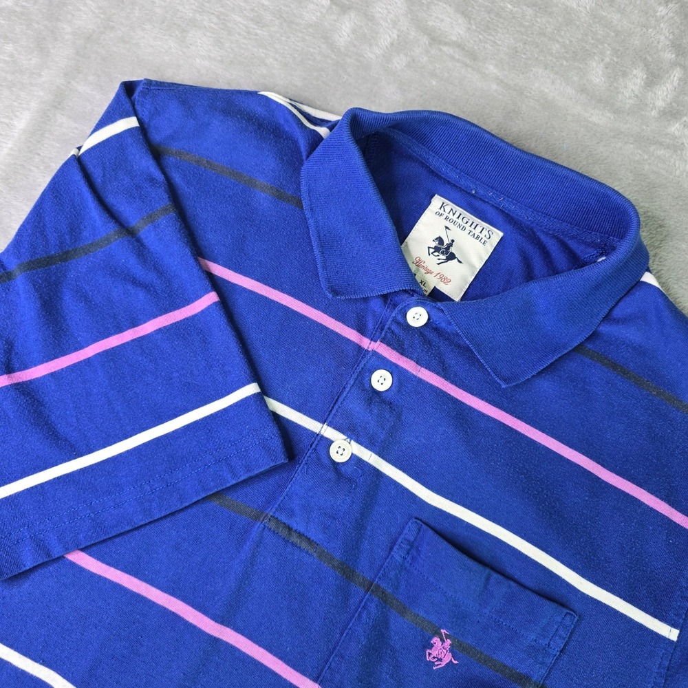 Knights of Round Table Heritage 1982 Mens XL Blue Striped Polo Shirt Vintage Y2K